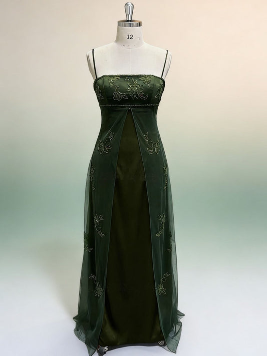 A-line Green Tulle with Beaded Straps Prom Dress, Green Long Party Dress Evening Dress
