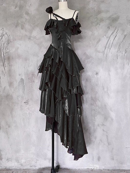 Black Gothic High Low Party Dress Prom Dress, Black Satin Chic Formal Dress