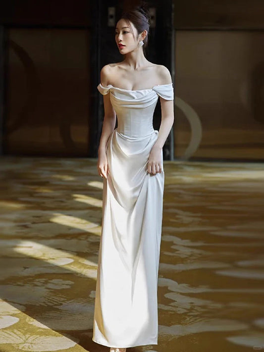 White Satin Sweetheart Off Shoulder Prom Dress, White Long Wedding Party Dress