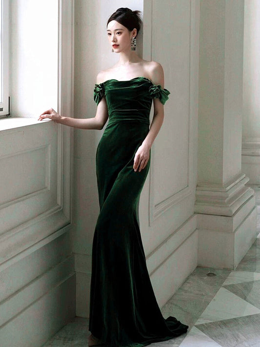 Green Mermaid Velvet Long Wedding Party Dress, Green Velvet Sweetheart Prom Dress