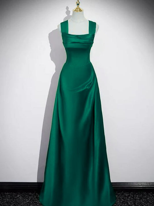 Green Satin A-line Floor Length Straps Party Dress, Green Satin Long Prom Dress