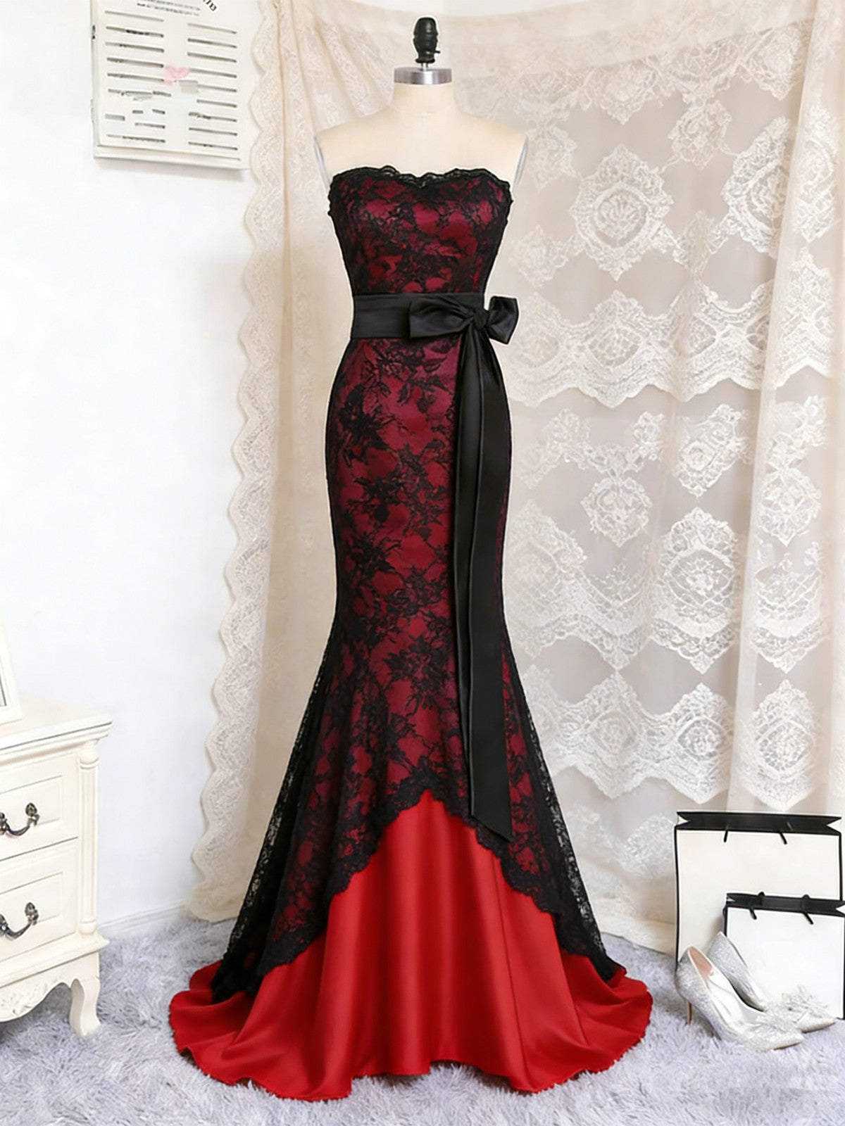 red with black lace prom dresses Black and Red Tulle with Black Lace Applique Prom Dress, Black Tulle Sweet 16 Dress