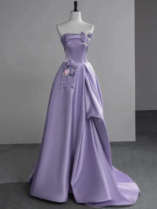 Purple A-line Satin Simple Party Dress Prom Dress, Purple Flowers Evening Dress