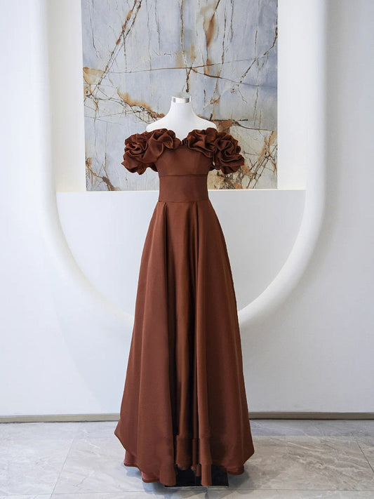 Brown Satin Off Shoulder A-line Prom Dress, Brown Satin Evening Dress Formal Dress