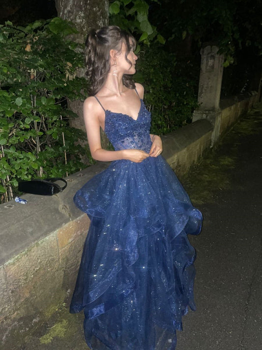 A-line Navy Blue Tulle Sweetheart with Lace Party Dress, Navy Blue Tulle Long Prom Dress