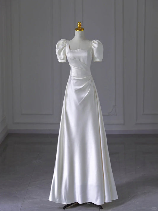 White Satin Short Sleeves A-line Wedding Party Dress, White Satin Formal Dress