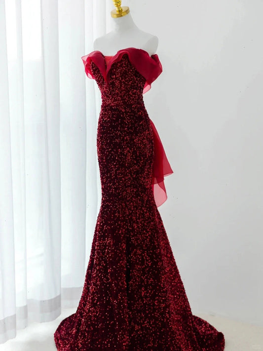 Wine Red Sequins Mermaid Long Party Dress, Off Shoulder Sweetheart Prom Dress