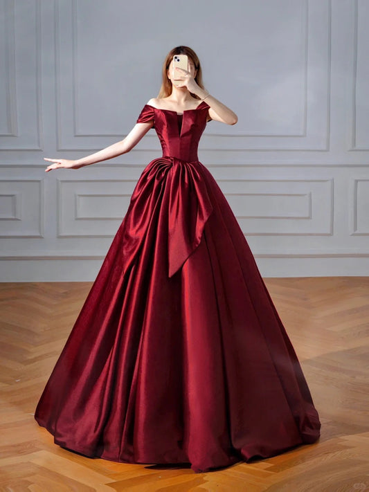 Wine Red Chic Off Shoulder Satin Party Dress, Wine Red Satin Long Prom Dress