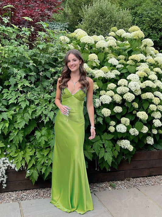 Green Sweetheart Straps A-line Long Party Dress, Chic Green Satin Prom Dress