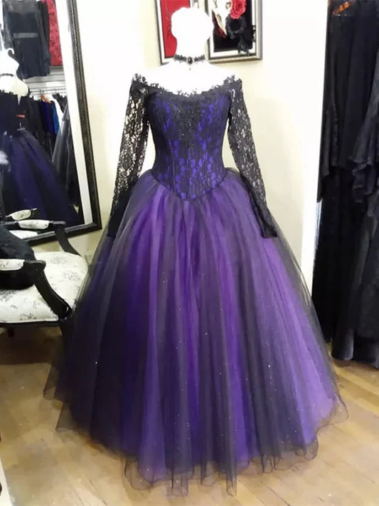 Elegant Black and Purple Lace Long Sleeves Sweet 16 Dress, Black and Purple Prom Dress