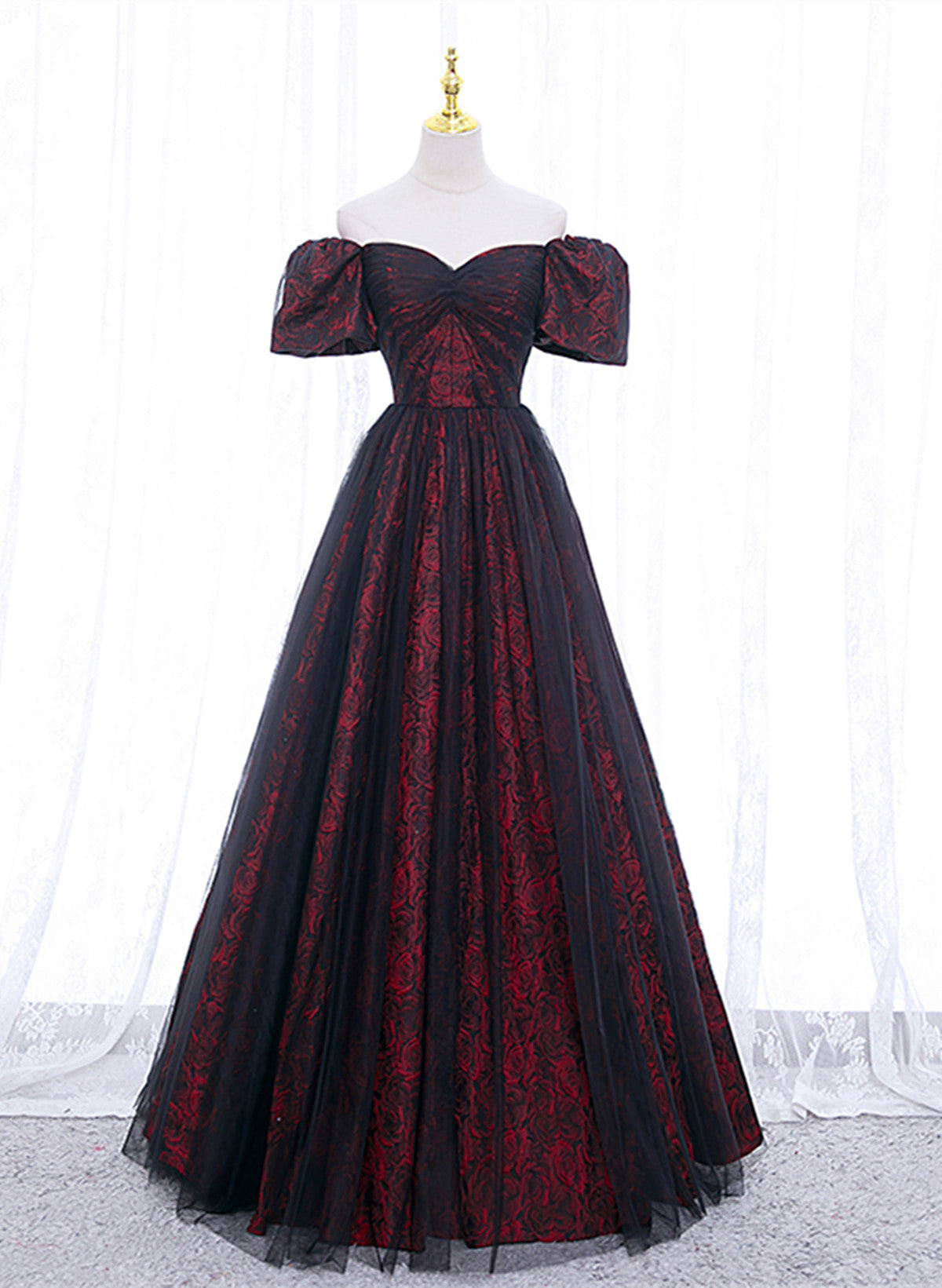 Lovely Sweetheart Black and Red Off Shoulder Party Dress, A-line Floor