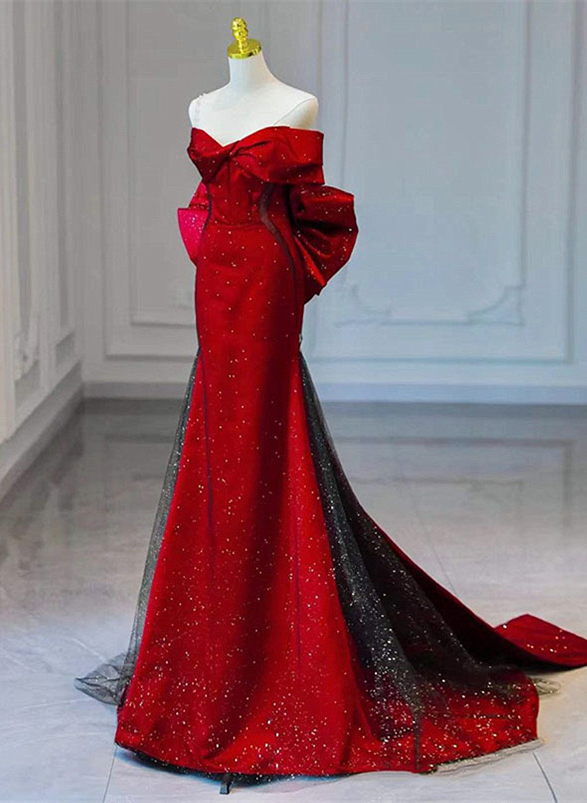Red and Black Off Shoulder Mermaid Long Party Dress, Red and Black Pro