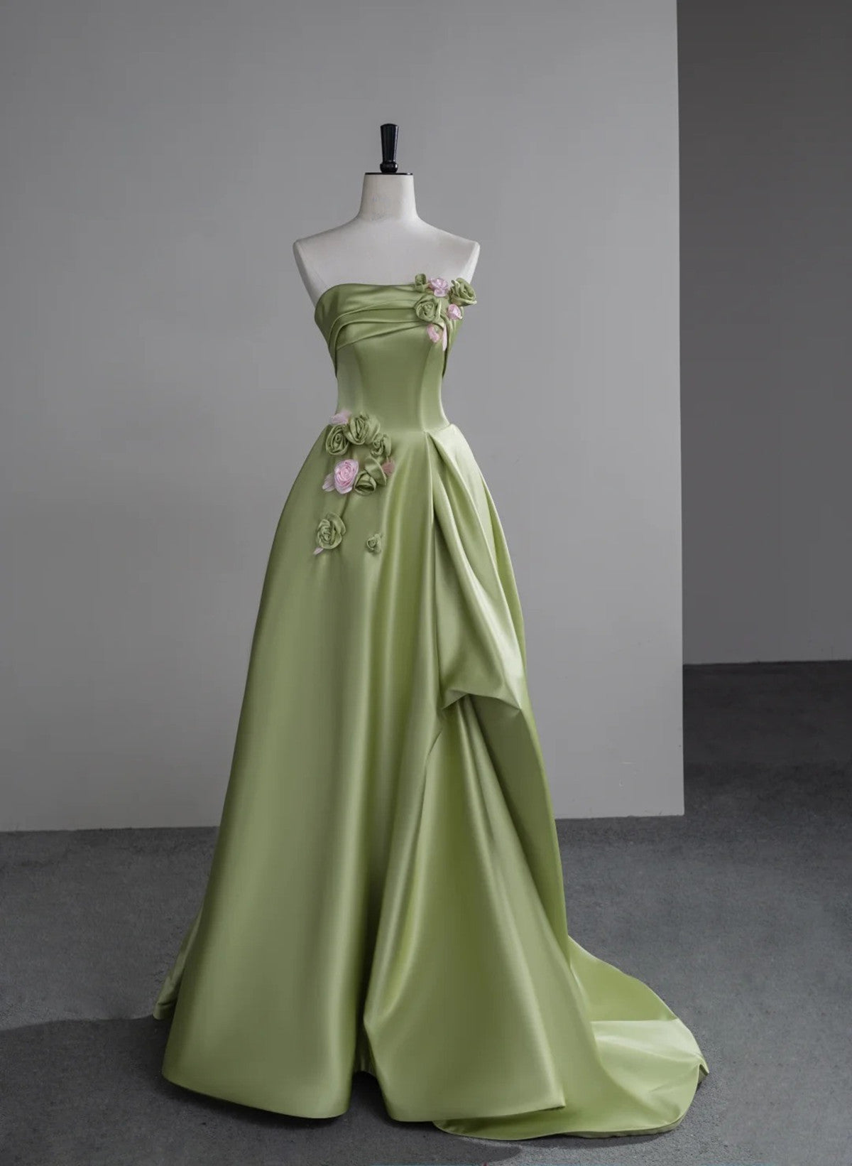 Green A-line Satin with Flowers Long Evening Dress, Green Satin Prom D