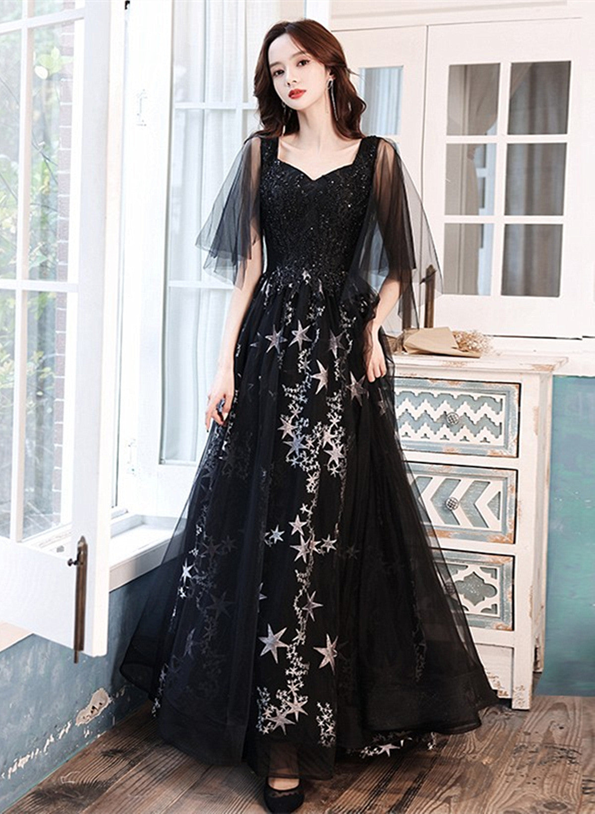 Black Puffy Sleeves Tulle Long Party Dress, A-line Black Prom Dress Ev