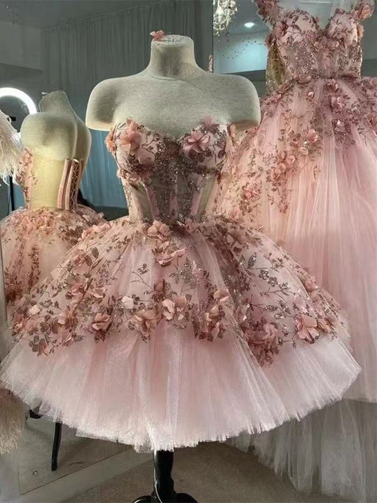 Pink Flowers Lace Sweetheart Tulle Short Party Dress, Pink Strapless Homecoming Dress