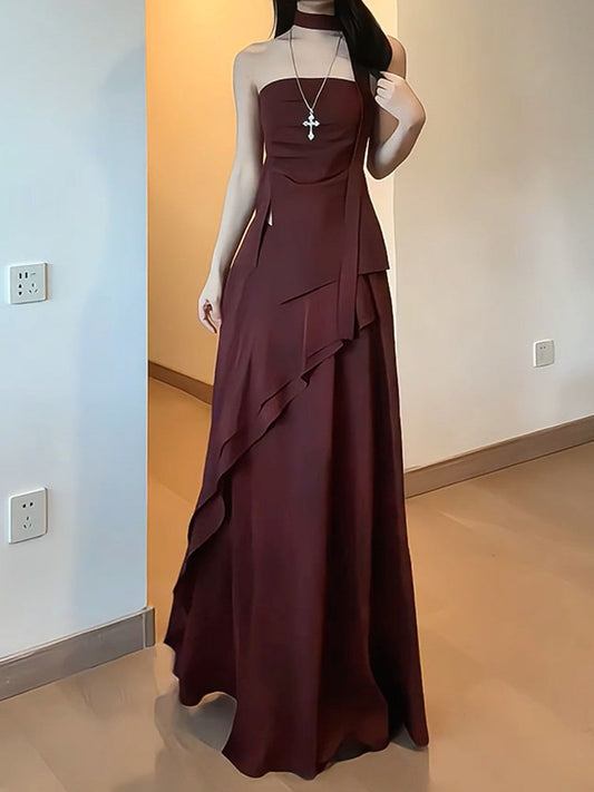 A-line Maroon Chiffon Straps Floor Length Party Dress, Maroon Chiffon Prom Dress