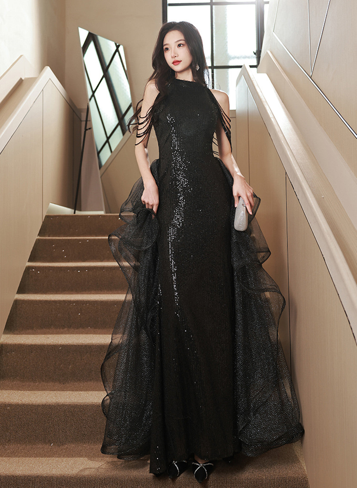 Black Halter Sequins Long Formal Dress, A-lne Black Floor Length Prom