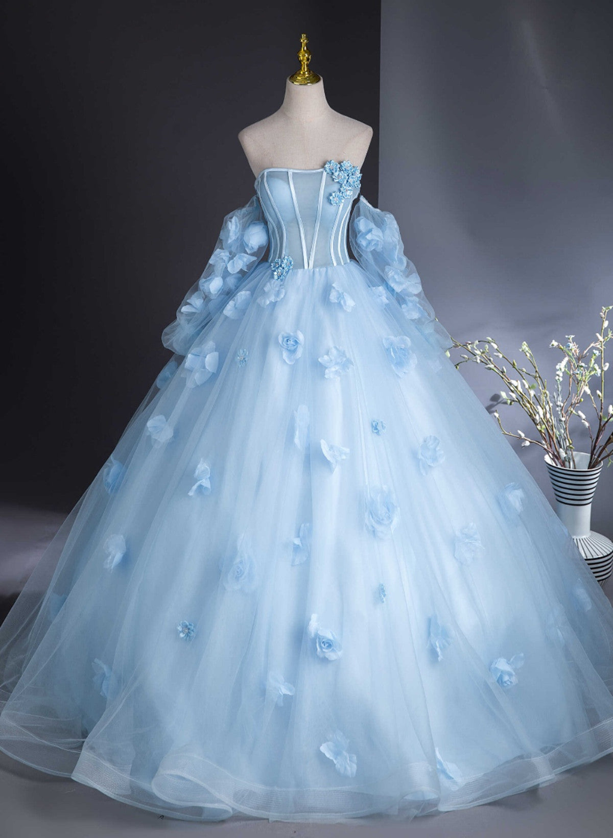 Cute Blue Tulle With Flowers Long Formal Dress, Blue Evening Gown Swee