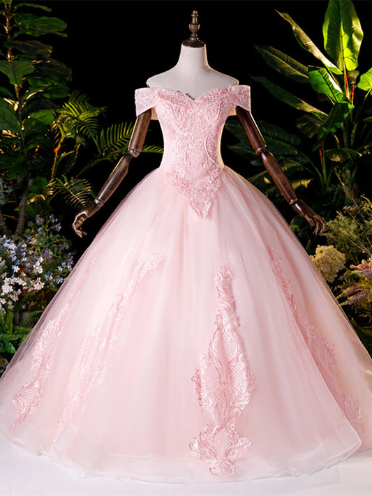 Cute Pink Tulle Off Shoulder Party Dress with Lace Applique, Pink Tulle Sweet 16 Dresses