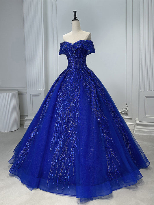 Blue Tulle Sweetheart Off Shoulder with Beadings Party Dress, Blue Tulle Formal Gown