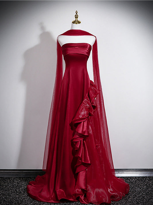 Elegant Strapless Wine Red Evening Gown with Organza Skirt, Wine Red Satin A-line Prom Dress