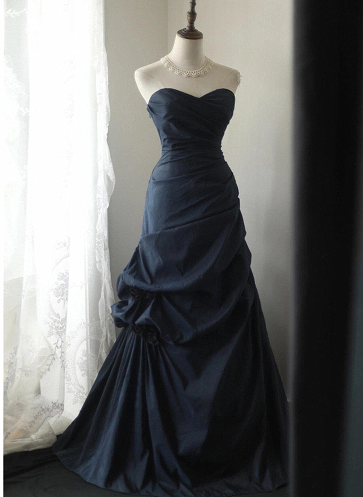 Elegant Navy Blue Vintage Style Taffeta Long Prom Dress, Navy Blue Par