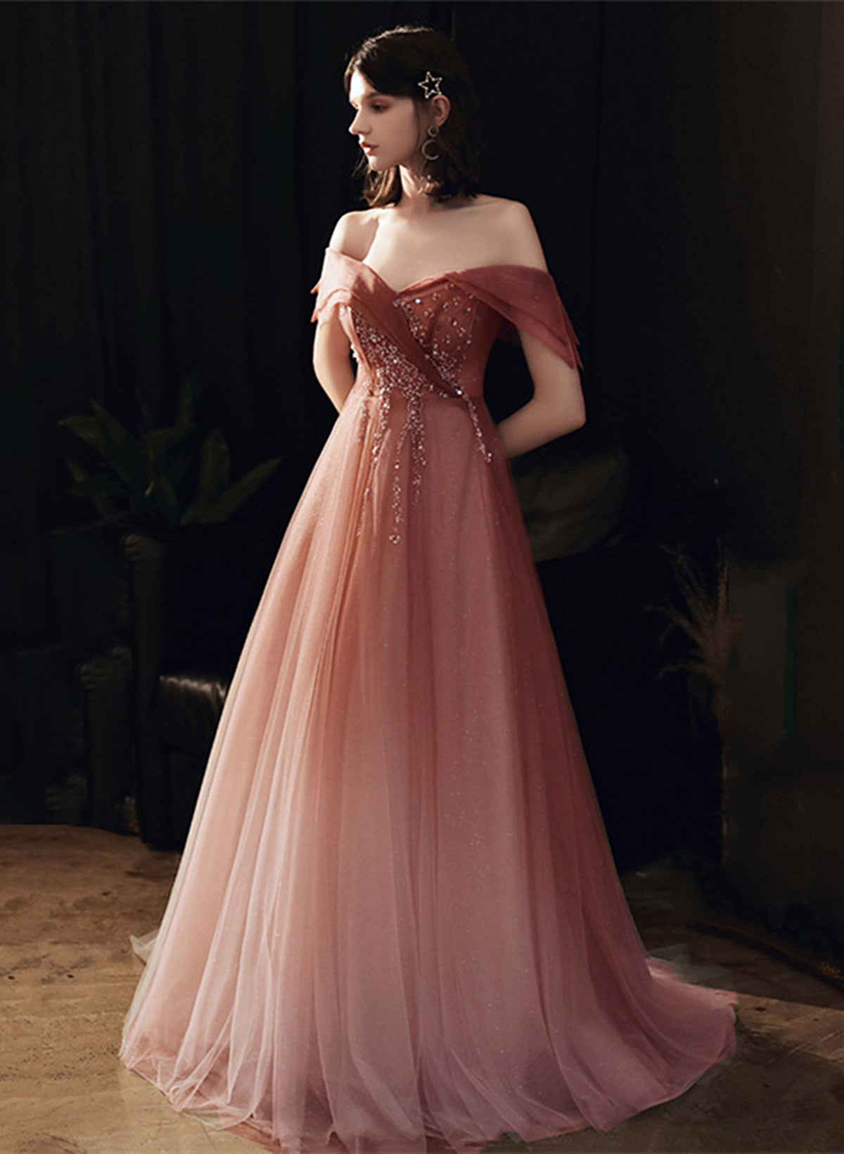 Gradient Tulle Pink Beaded Off Shoulder Party Dress, Pink Long Formal