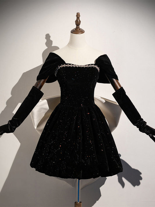 Cute Black Velvet A-Line Party Dress with Off-Shoulder Sleeves, Black Velvet Homecoming Dress