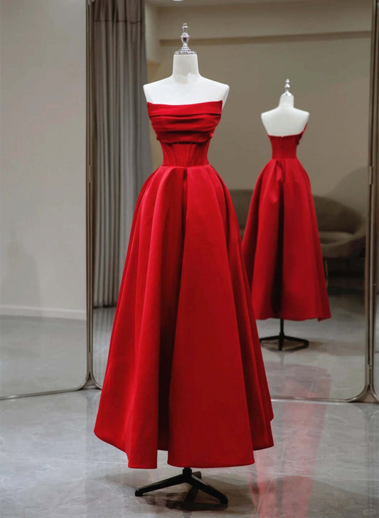 Red Satin Strapless Long A-line Party Dress, Red Satin Prom Dress Evening Dress