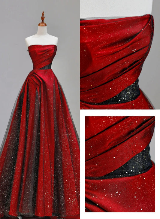 Black and Red Long Formal Dress Evening Dress, Scoop Satin Floor Length Prom Dress