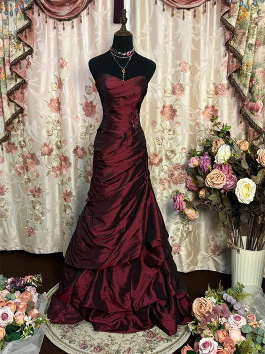 Wine Red Strapless Long Taffeta Sweet 16 Dress, Wine Red Sweetheart Prom Dress Formal Gown