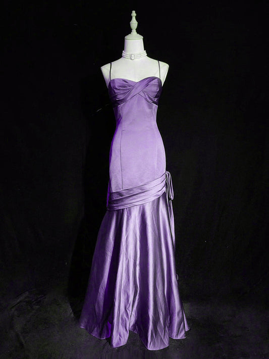 Purple A-line Mermaid Straps Evening Dress, Purple Satin Prom Dress Formal Dress