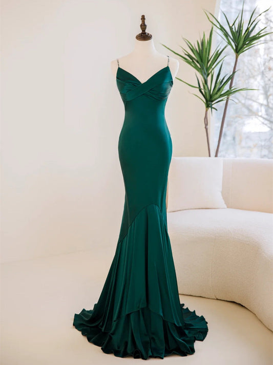 Green Satin Mermaid Straps Sweetheart Long Party Dress, Green Soft Satin Evening Dress