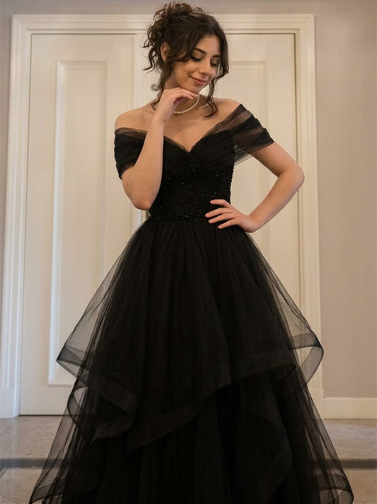 Elegant Black Off Shoulder Layered Long Prom Dress, Beaded Back Evening Dress Wedding Guest Dress