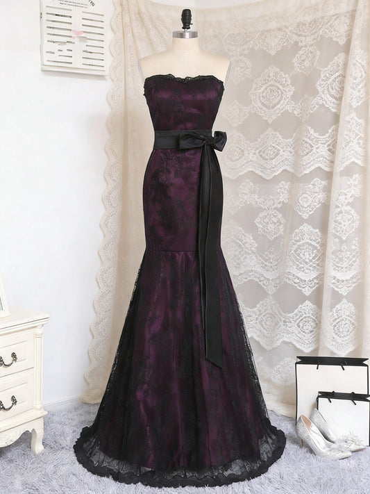 Black and Purple Mermaid Prom Dress Party Dress, Strapless Long Evening Dress