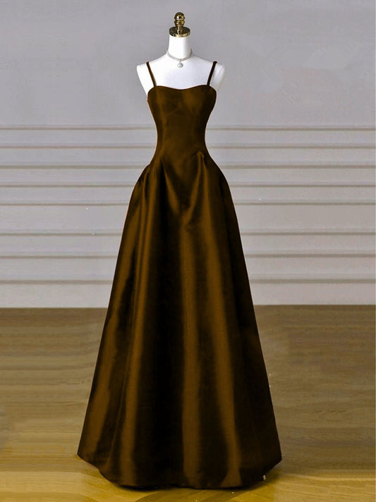 Brown Satin A-line Sweetheart Long Formal Dress, Simple Brown Evening Dress