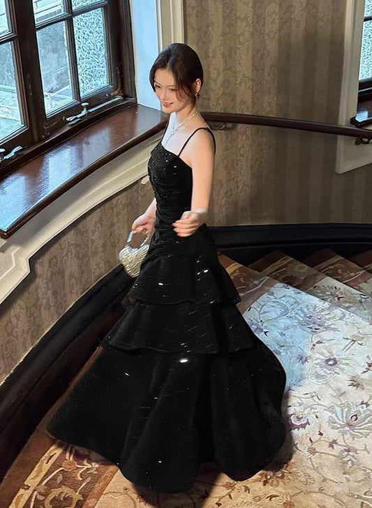 Elegant Spaghetti Strap Tiered Sequin Prom Gown, Fairy Tiered Ruffle Long Party Dress
