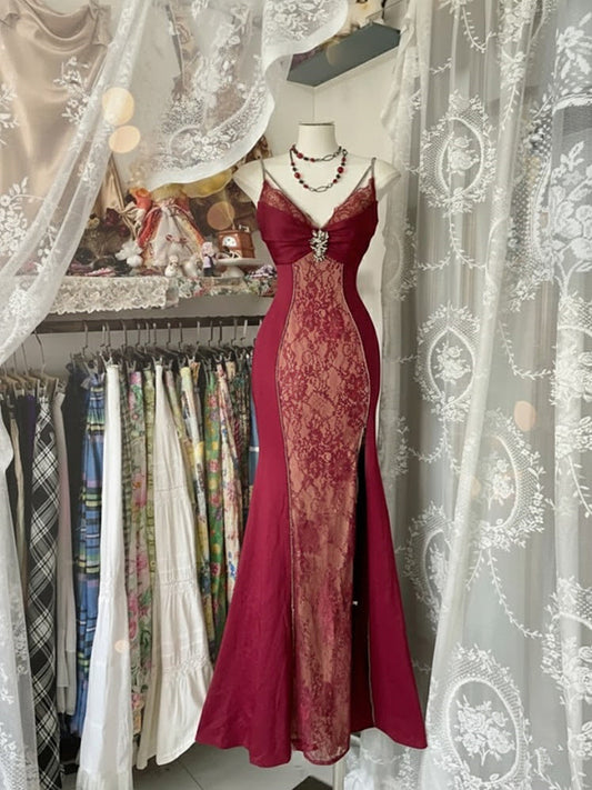 Wine Red Vintage Style Lace Long Prom Dress, Elegant Evening Gown with Beadings