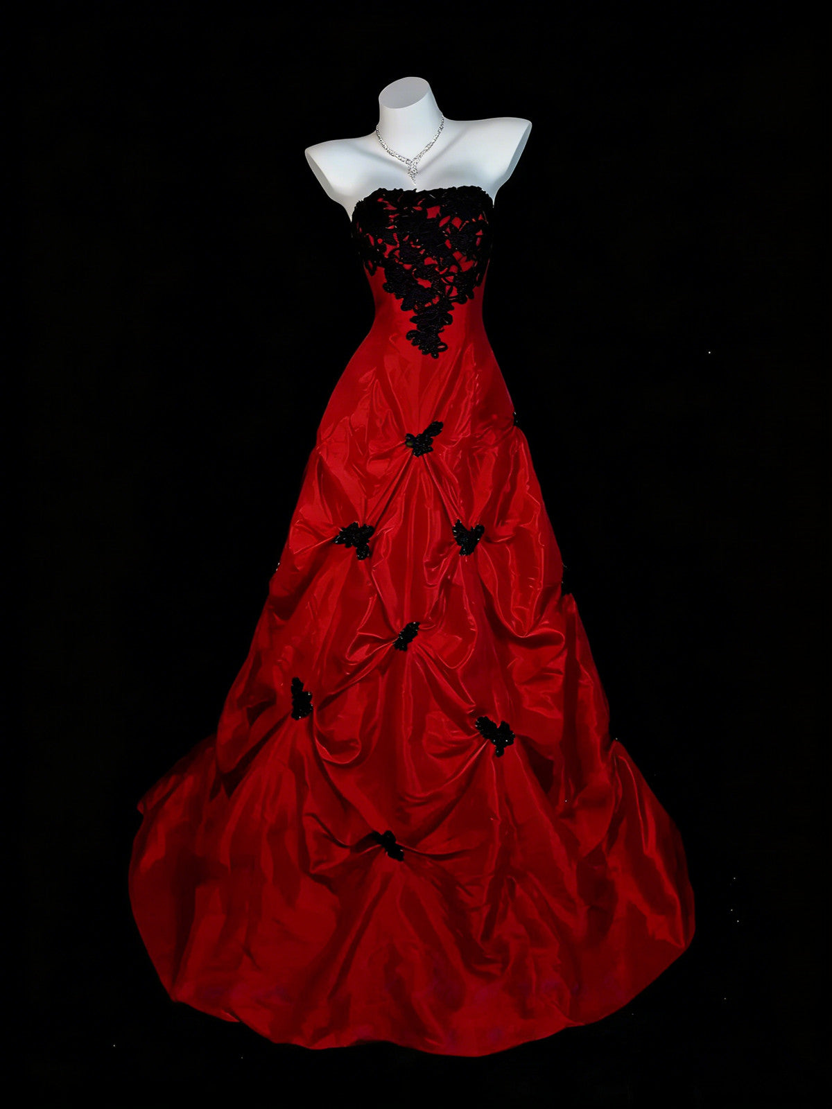Red Taffeta with Black Lace Strapless Prom Dress, Red Long Party Dress –  Formaldressy