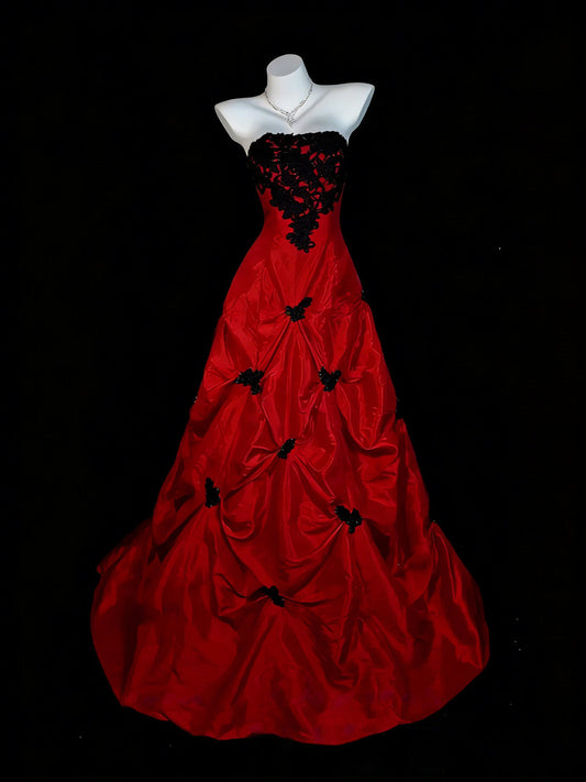 Red Taffeta with Black Lace Strapless Prom Dress, Red Long Party Dress Evening Dress