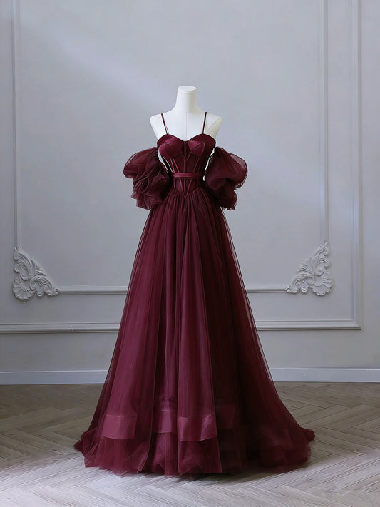 Wine Red Corset Prom Dress with Puffy Detachable Sleeves, A-Line Tulle Evening Dress