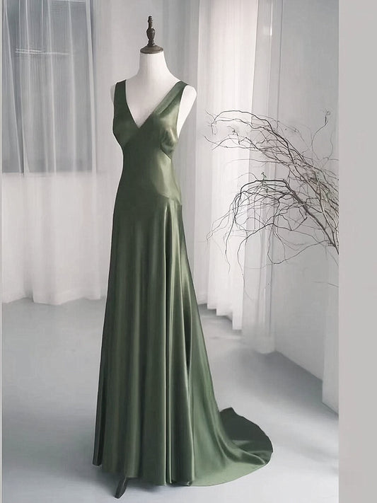 Dark Green V-neckline Low Back A-line Prom Dress, Dark Green Formal Dress