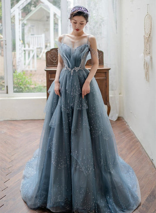 BlueTulle A-line Beaded Long Prom Dress, Blue Straps Party Dress Formal Dress