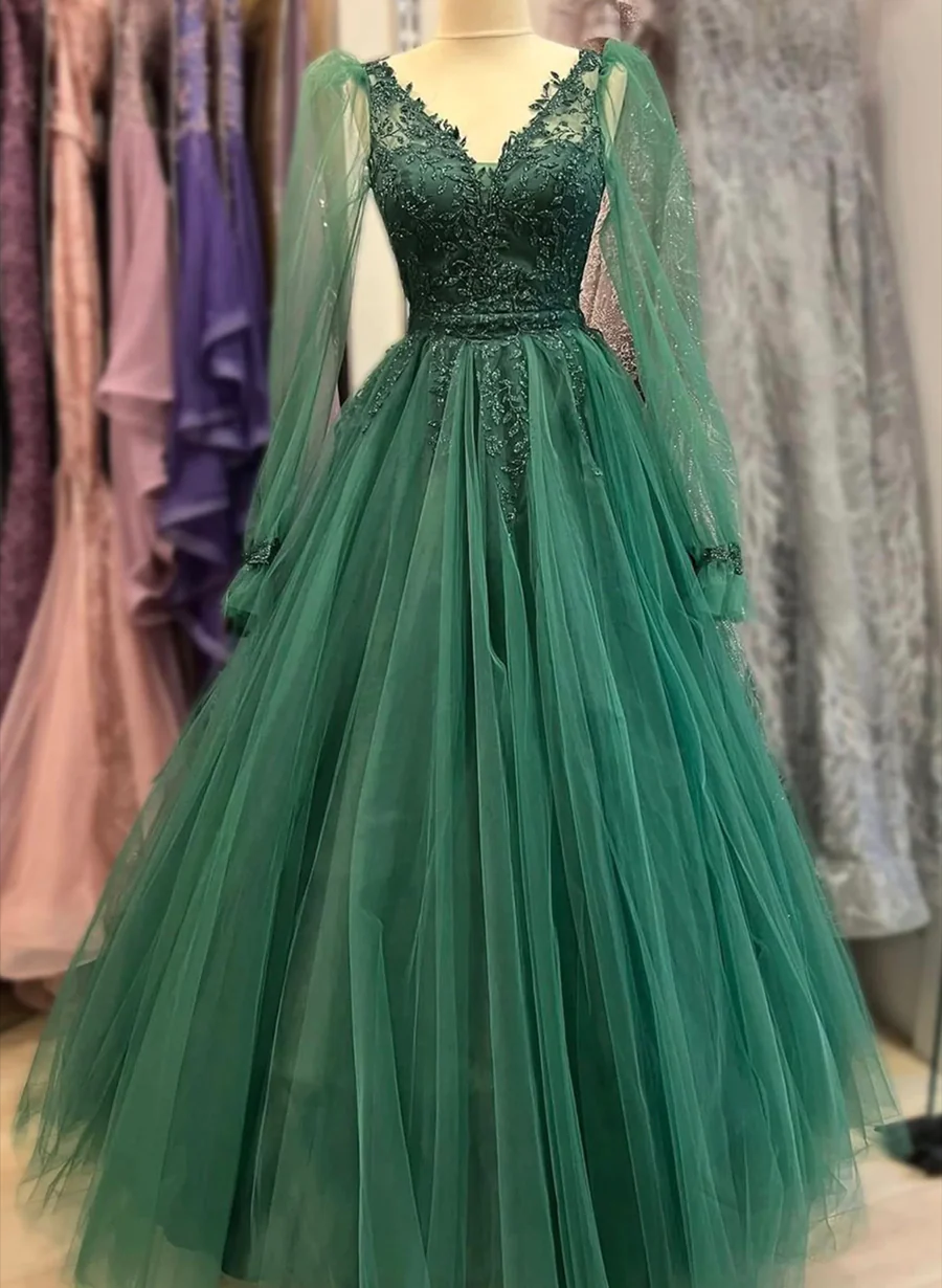 Green Tulle Long Sleeves A line with Lace Party Dress Green
