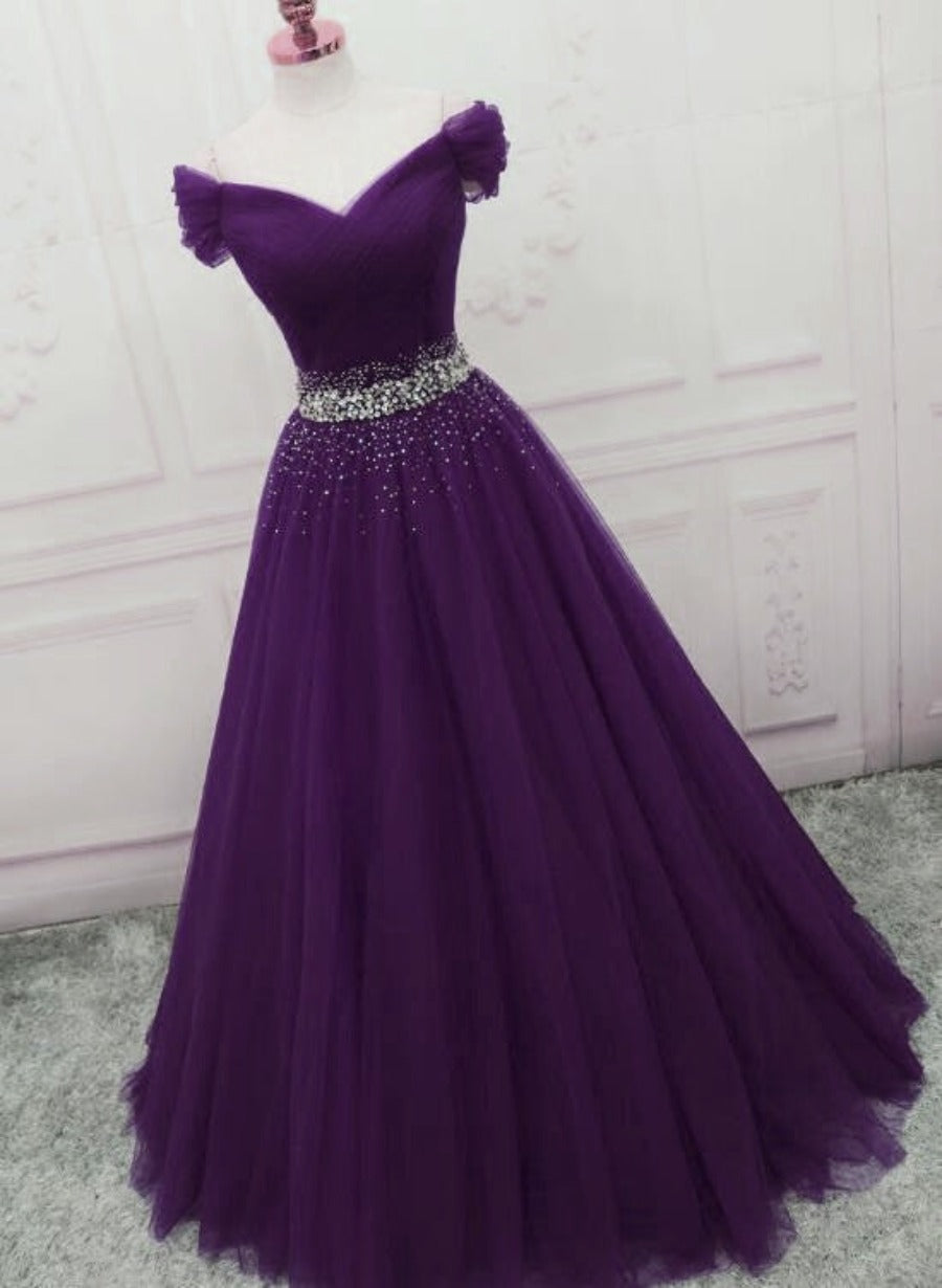 Dark Purple Tulle Beaded Off Shoulder Party Dress, Purple A-line Prom