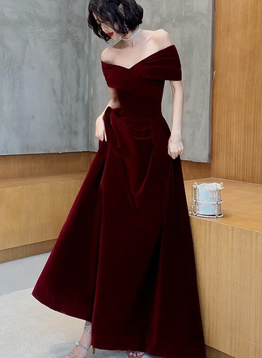 Wine Red Velvet Off Shoulder A-line Party Dress Prom Dress, Velvet Bri