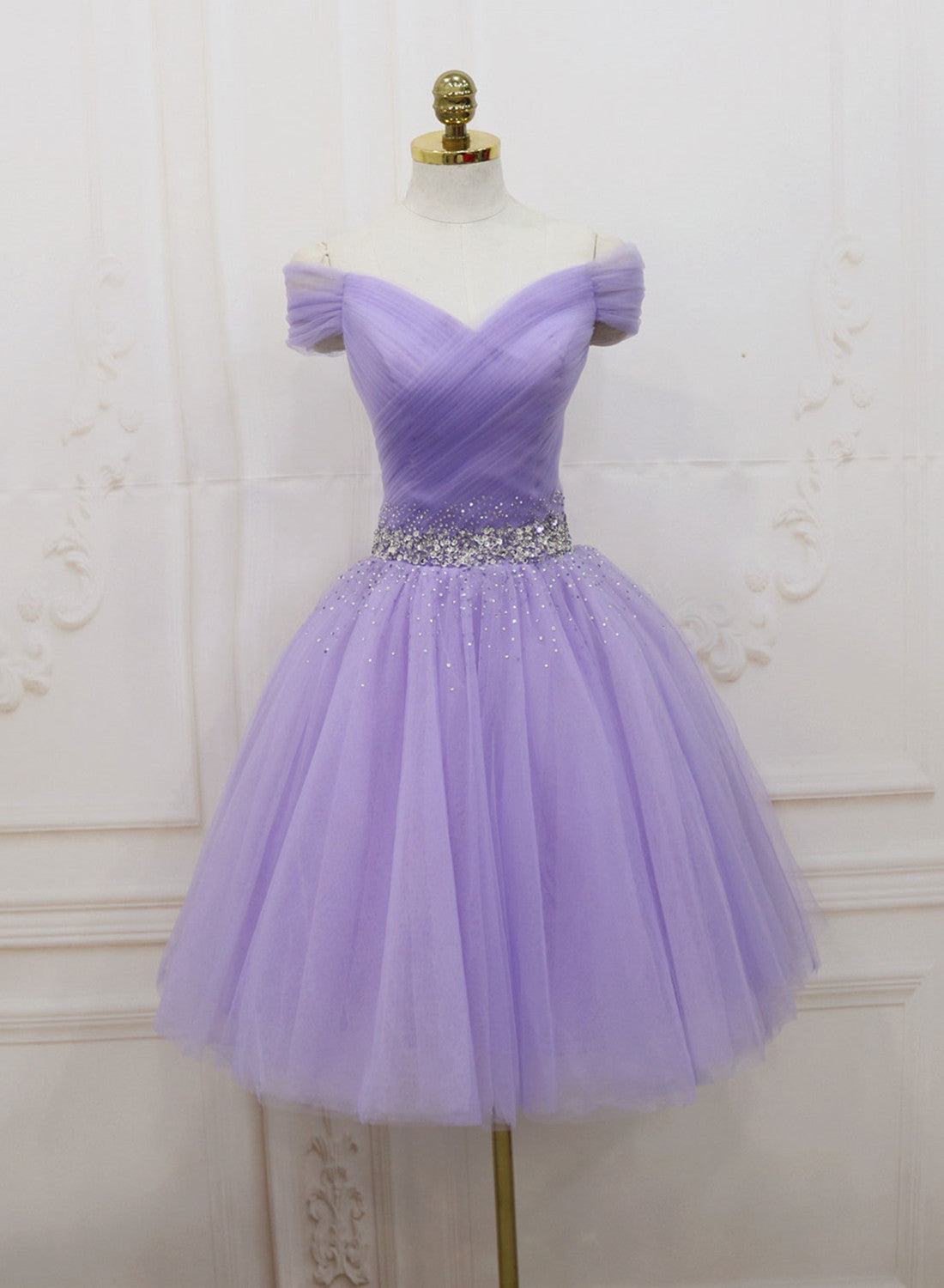 Off Shoulder Lavender Tulle Homecoming Dresses, Beaded Lavender Prom D
