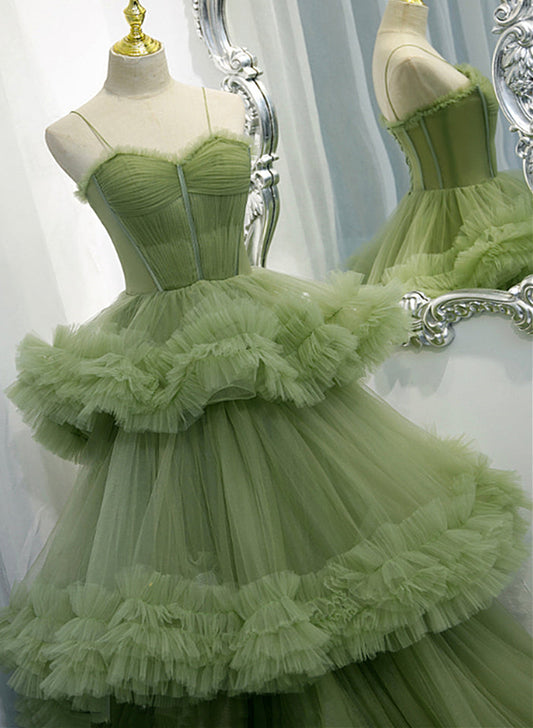 Spaghetti Straps Green Tulle Layers Long Sweet 16 Dress, Green Evening Prom Dress
