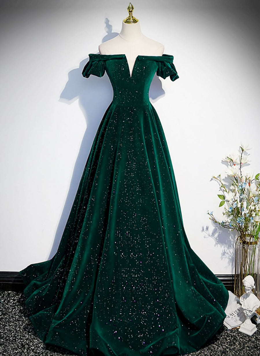 Green Off Shoulder A-line Floor Length Party Dress, Green Long Formal Formaldressy Green Off Shoulder A-line Floor Length Party Dress, Green Long Formal Formaldressy