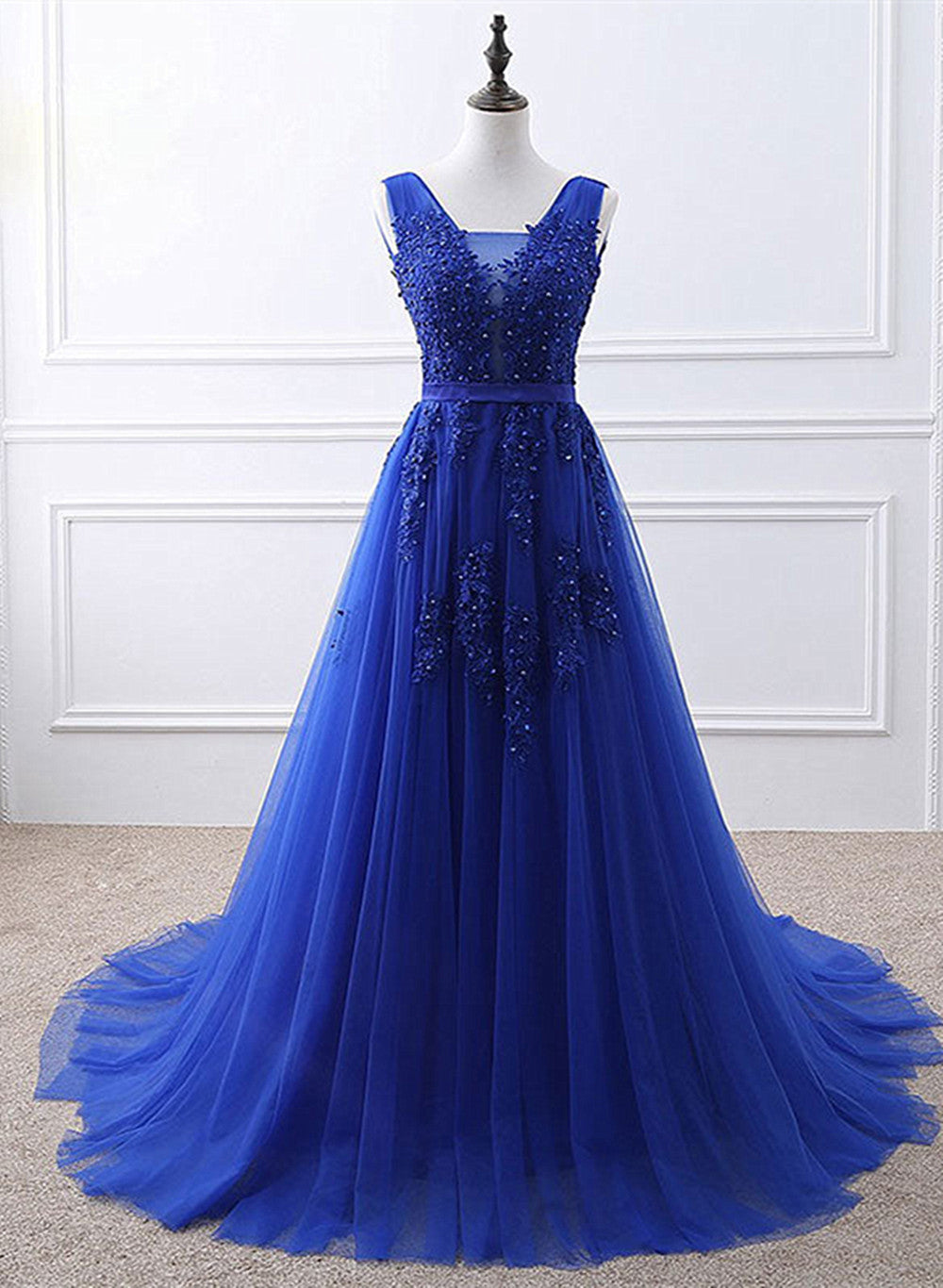 Royal Blue Tulle Long Party Dress with Lace Applique, Blue Evening Par